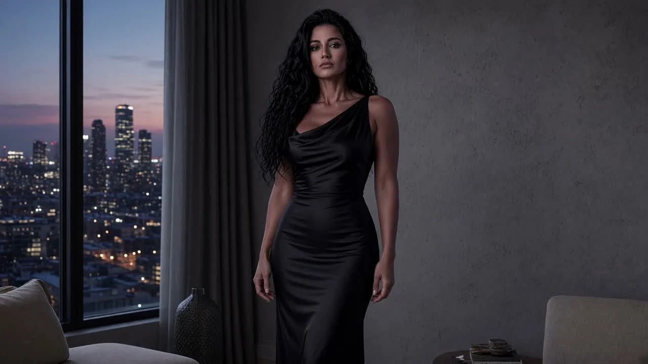 Luna in a satin dress beside an apartment window at blue hour.